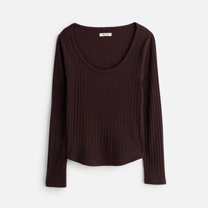 Madewell Pointelle Long-Sleeve Scoop Neck Top - Dark Brown Size XS
